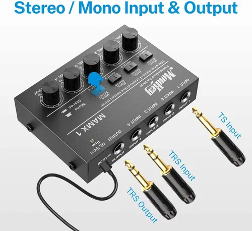 Vista 2 de Moukey Mini Mezclador de Audio, DC 5V, 4 Estéreo Ultra, Mezclador de Línea de 4 Canales de Bajo Ruido para Sub-Mezcla, para Pequeños Clubes o Bares