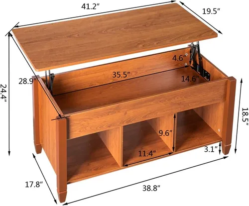 Vista 2 de VINGLI Farmhouse Lift Top Coffee Table,41" Living Room Table,Chestnut Brown Solid Wood Legs, Hidden Storage, 3 Open Shelves, Lifting Tabletop, for