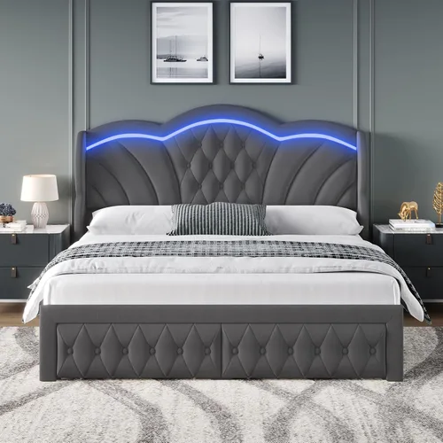 Vista 3 de Keyluv - Base de cama Queen con luces LED y 2 cajones de almacenamiento, plataforma tapizada en terciopelo con cabecera de 47" de altura
