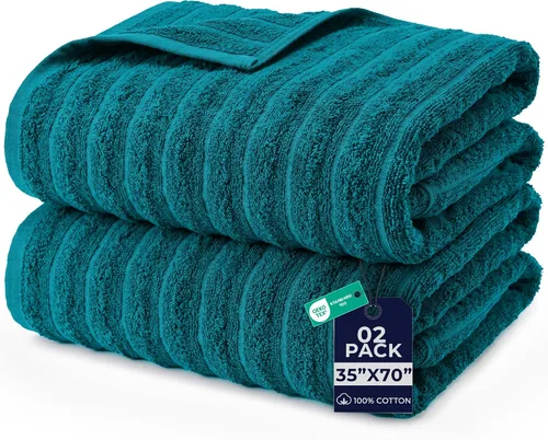 Vista 33 de DAN RIVER Paquete de 2 sábanas de baño de 35x70 pulgadas, sábanas de baño jumbo acanaladas para adultos, toallas grandes gruesas y absorbentes