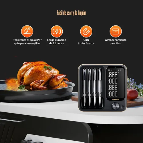 Vista 3 de Termómetro inalámbrico para carne con 4 sondas WiFi con base independiente de pantalla LCD legible en 360°, WiFi y Bluetooth 5.3 de alcance