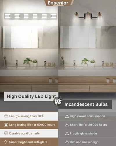 Vista 3 de Ensenior Lámparas de tocador de baño sobre espejo (6 luces-37.4 pulgadas), iluminación moderna cromada regulable, acero inoxidable acrílico, luz