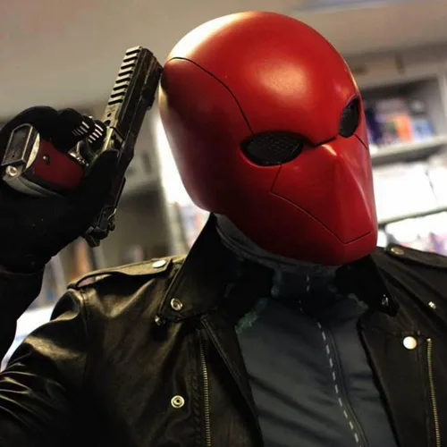Vista 8 de CAFELE Red Hood Mask Deluxe Latex Full Head Helmet with Mesh Eye Game Cosplay Halloween Costume Accessory