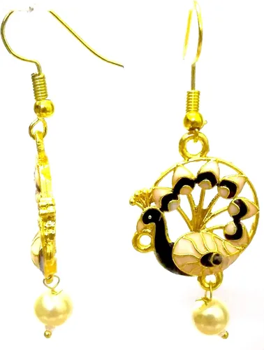 Vista 2 de DESI HAWKER Peacock Meenakari Minakari Pintura esmaltada dorada hecha a mano pendientes Bali Jhumki Jhumka joyería étnica colgante NI-305