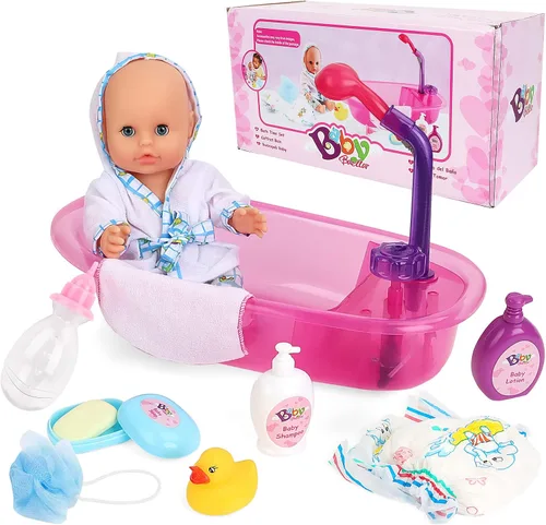 Vista 7 de deAO Juego de muñeca bebé, juego de muñeca de 13 pulgadas para hora del baño con spray de ducha funcional y accesorios para niños, muñeca bebé