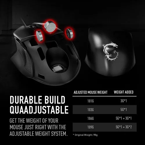 Vista 7 de MSI Clutch GM20 Elite - Mouse para juegos 6400 DPI interruptor OMRON de 20 M clics sensor óptico pesas ajustables diseño ergonómico de mano derecha