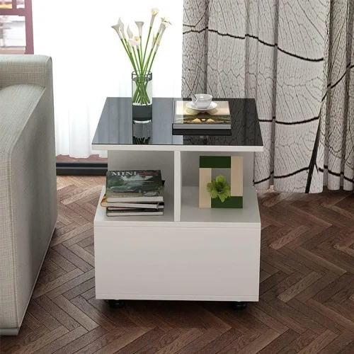 Vista 4 de Mesa auxiliar cuadrada de 3 niveles con estantes de almacenamiento, mesa auxiliar moderna para el hogar, sala de estar, dormitorio