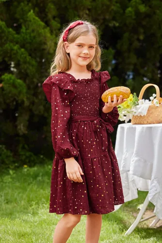 Vista 4 de GRACE KARIN Vestido de otoño para niñas, de manga larga, con volantes, escalonado, brillante, vestido de fiesta de invierno para niñas, talla 5-12