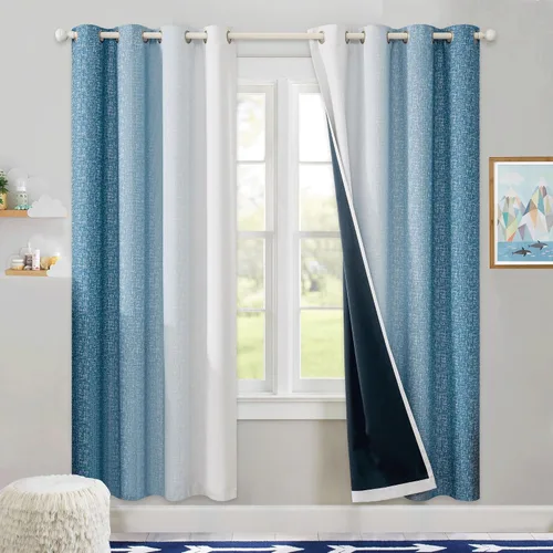 Vista 26 de Cortinas Ombre 100% Opacas de 63 Pulgadas de Largo 2 Paneles para Dormitorio Azul Blanco Patrón Degradado Oscurecimiento de Habitación Aislamiento
