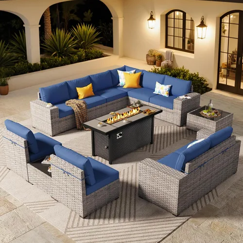 Vista 14 de ovios Juego de muebles de patio de 6 piezas, sofá seccional de mimbre para exteriores con mesa auxiliar, cómodos cojines, moderno sofá modular Beige