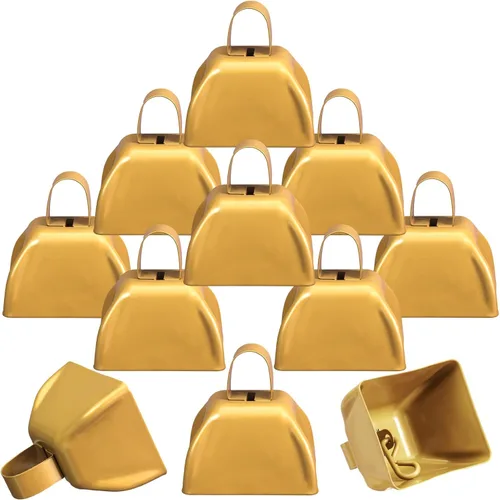 Vista 8 de Therwen Paquete de 12 campanas de metal para hacer ruido de vaca, con asa de 3 pulgadas, campanas de percusión de mano a granel para eventos Azul