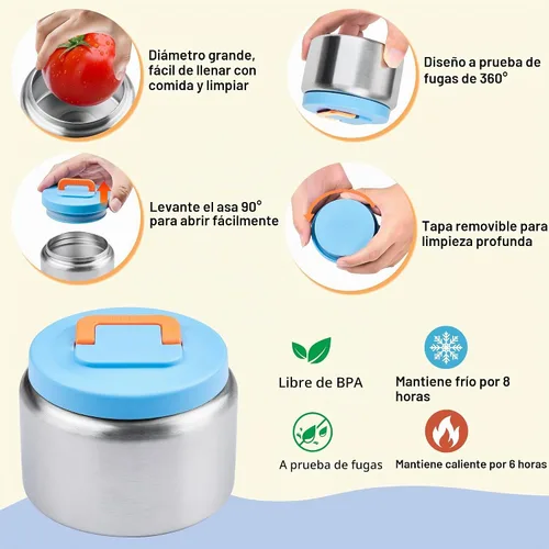 Vista 4 de Lonchera Bento para niños con termo, a prueba de fugas, con tarro de comida aislado de 8 onzas, bolsa de almuerzo, sin BPA, apta para lavavajillas