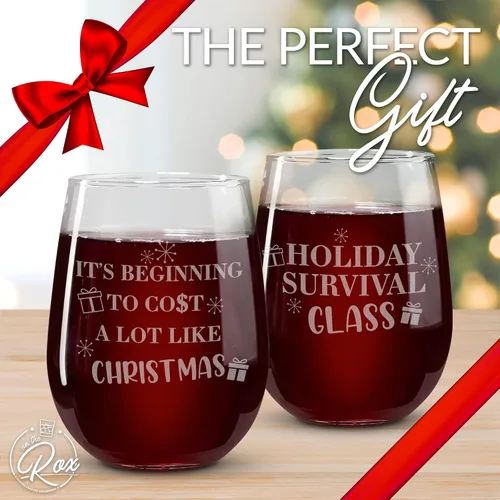Vista 4 de Copas de vino de Navidad – Vaso de supervivencia navideño, está empezando a costar mucho como copas de vino sin tallo de Navidad, juego de 2 copas