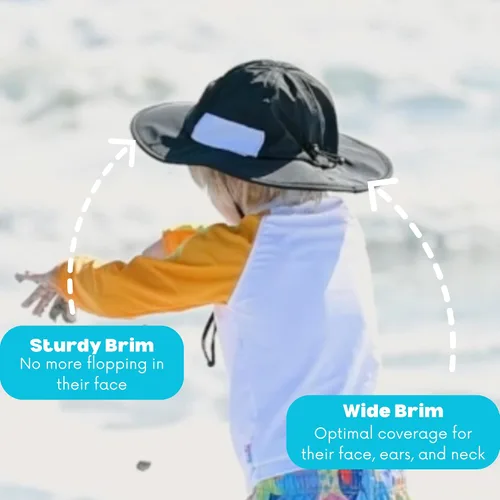 Vista 8 de SwimZip, sombrero unisex para niños, ala ancha, protección solar FPS 50, ajustable.