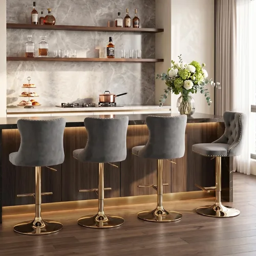 Vista 209 de SoarFlash Juego de 2 taburetes de bar tapizados de terciopelo moderno con patas de madera, botones acolchados, cabeza de clavo cromada, asiento