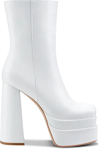 Vista 4 de Aachcol Botas de plataforma para mujer, puntera cuadrada, tacón alto, grueso, cremallera lateral, media pantorrilla, botines