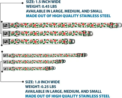 Vista 3 de buckle-down Holly & Mistletoe perro collar HUESO, Wide grande/18 – 32" Holly Mistletoe Durable Metal Adjustable ID Tag Ring