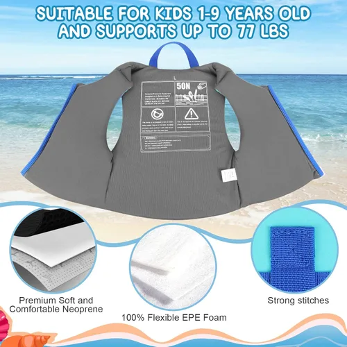 Vista 2 de PAETAE Chaleco de natación de neopreno para niños, chaqueta de natación para niños pequeños, flotadores, ayuda a la natación para niños y niñas de 1