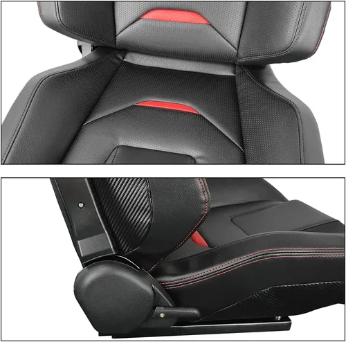 Vista 3 de IKON MOTORSPORTS, par de asientos universales para carreras con deslizadores dobles, piel de PU de fibra de carbono, color rojo con rayas