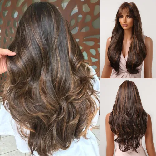 Vista 11 de Allbell - Pelucas largas negras para mujer, rizada, sintética, con flequillo, onda corporal, de aspecto natural, fibra resistente al calor, cabello