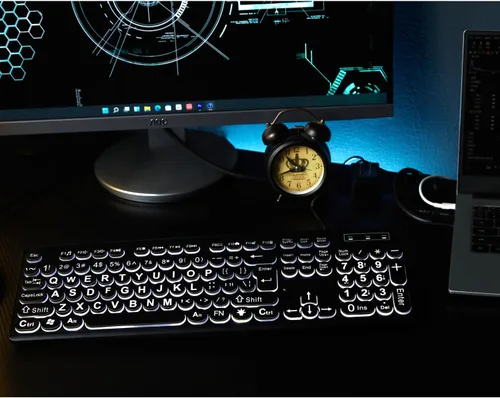 Vista 6 de MCSaite - Teclado USB retroiluminado con cable, 104 teclas, tamaño completo estándar con LED blanco, teclado de impresión de letras grandes
