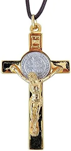 Vista 2 de Oro con dos Tono de plata San Benito Cruz Latina Crucifijo Colgante 3inch