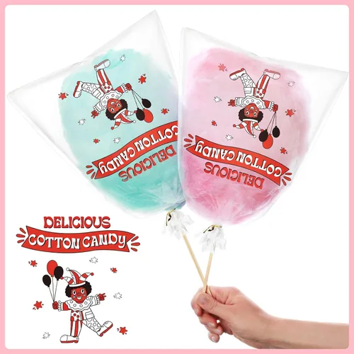 Vista 3 de Geyee 500 bolsas de algodón de azúcar con lazos, bolsas grandes de algodón transparente con estampado, ideales para carnavales, fiestas de verano