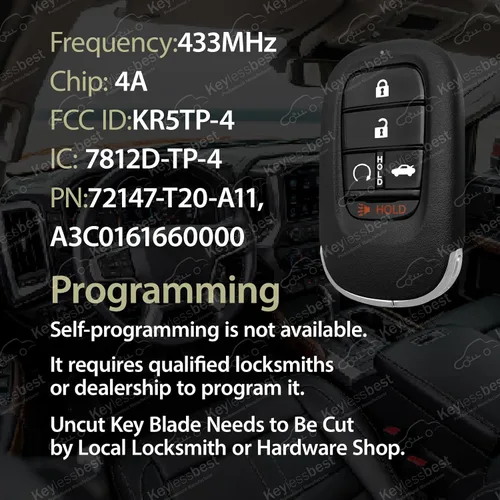 Vista 4 de Repuesto para llave Honda Accord KR5TP-4 de 2022, 2023, 2024, 2025, 5 botones, 433 MHz