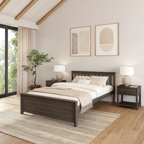 Vista 27 de Plank+Beam - Estructura de cama individual de madera maciza, cama de plataforma con cabecero, arcilla