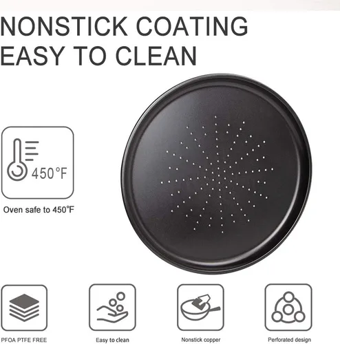 Vista 4 de Webake Bandeja para pizza ventilada de 12 pulgadas con agujeros, revestimiento antiadherente en acero al carbono, placa redonda para pizza