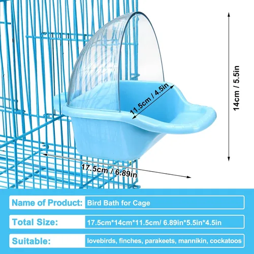 Vista 2 de Caja de baño para pájaros colgante, juguete de periquitos, bañeras enjauladas, tina de loro para ducha de agua, alimentador de alimentos, bandeja