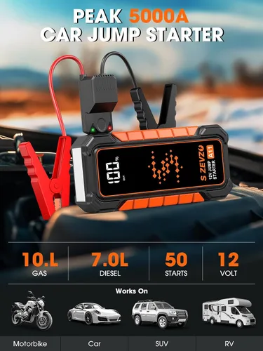 Vista 2 de S ZEVZO Arrancador de salto A11, batería de coche mejorada de 5000 A portátil (motores de gas de 10.0 L y diésel de 7.0L) con amplificador de litio