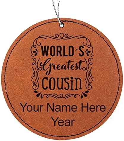Vista 8 de LaserGram Personalized Christmas Ornament, World's Greatest Cousin, Faux Leather, Custom Laser Engraved Gift Idea (Round Shape, Black with Gold)