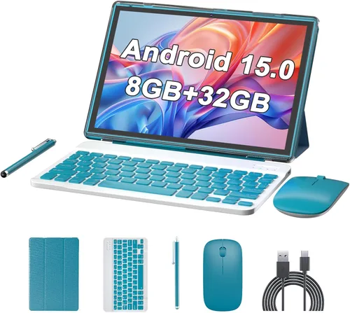 Vista 8 de Tablet Android 15 de 10 pulgadas con lápiz capacitivo de teclado, 8 GB de RAM 2 en 1 Tableta, incluye mouse y funda protectora, batería de 6000 mAh