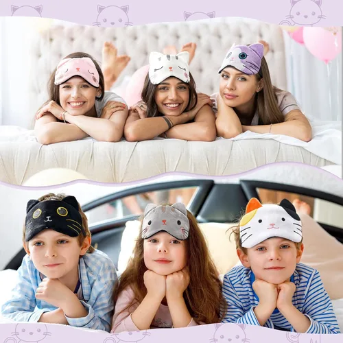 Vista 5 de Vicenpal 6 máscaras para dormir para niños, lindo gato, animal, cubierta suave y ligera, máscara kawaii para dormir, con vendas divertidas