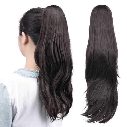 Vista 97 de Extensiones de cola de caballo, extensiones de cabello de cola de caballo con clip de garra marrón oscuro para mujer, pieza de cabello rizado