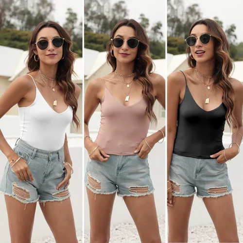 Vista 2 de Amilia - Camiseta sin mangas básica para mujer, cuello en V profundo, de doble capa, estilo casual