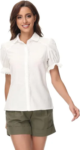 Vista 5 de Belle Poque Peter Pan Tops Short Sleeve Office Blouses for Women Casual Puffy Sleeve Shirts Solid Color Tops