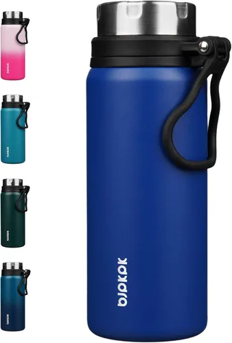 Vista 15 de BJPKPK Botella de agua aislada de 24 onzas con asa, sin BPA, botella térmica de viaje de acero inoxidable reutilizable, botella de agua grande, Negro