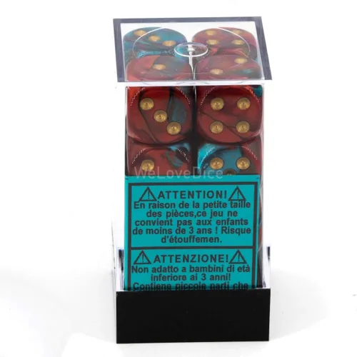 Vista 3 de DND - Juego de dados poliédricos de plástico Géminis de 0.63 pulgadas, color rojo, verde azulado y dorado, dados de mazmorras y dragones, incluye 12