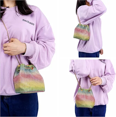 Vista 3 de Ayliss Bolso de cubo completo con diamantes de imitación para mujer, minihombro cruzado pequeño, bolso de mano brillante de noche