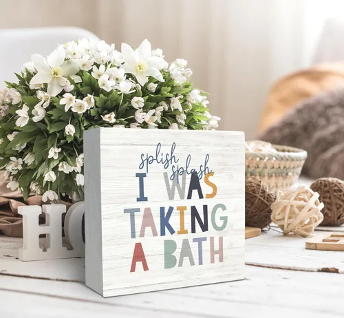Vista 2 de SRADMO Caja de madera con texto en inglés "Splish Splash I Was Taking a Bath" para decoración de escritorio, divertida caja de bloques de madera