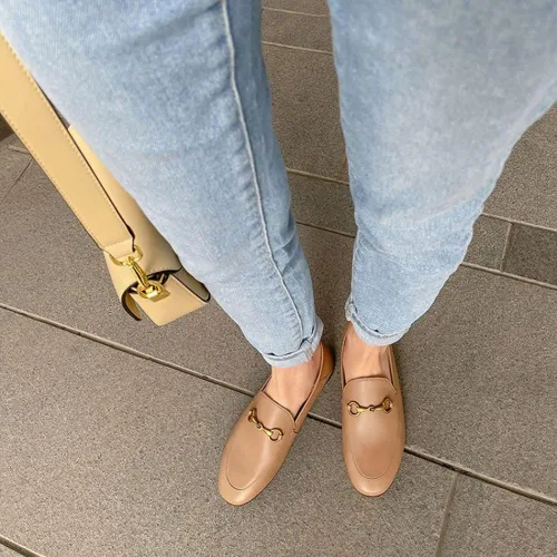 Vista 6 de Divanne Mocasines para mujer, mocasines planos con cadena dorada, mocasines de piel sin cordones Albaricoque