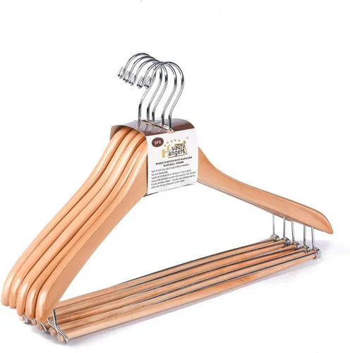 Vista 8 de Quality Hangers Perchas de madera hermosas y resistentes con barra de bloqueo, madera natural brillante (5)