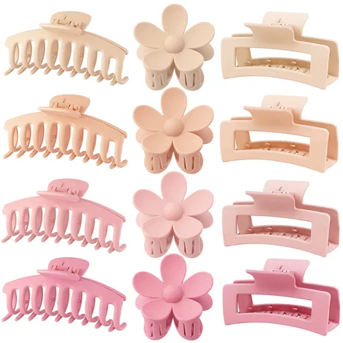 Vista 7 de Pinzas Grandes para Cabello Tipo Garra, Paquete de 12, Pinzas para Cabello con Flores para Cabello Fino, Grande Cuadrado Mate Sujeción Fuerte