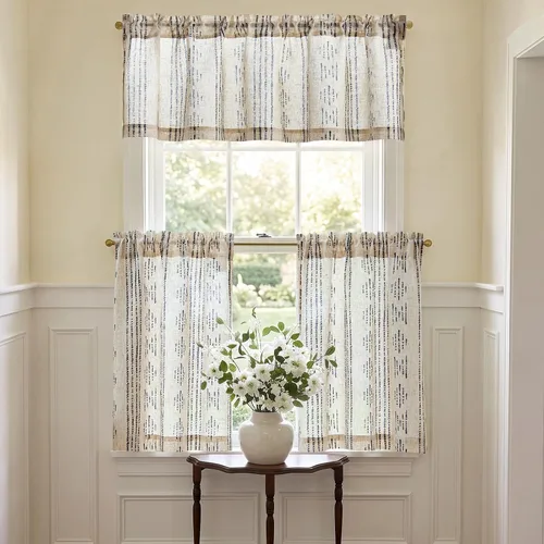 Vista 8 de Jinchan - Juego de cortinas y cenefas de cocina estilo bohemio negro sobre beige y bolsillo para barra Boho Negro sobre Beige