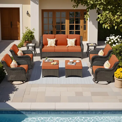 Vista 44 de Juego de muebles de exterior para patio, silla y sofá (ratán marrón, beige, 3 piezas)