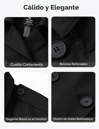Vista 5 de Wantdo - Gabardina de mujer de talla grande con doble botonadura, impermeable, con solapa, abrigo elegante tipo pea con capucha desmontable Negro