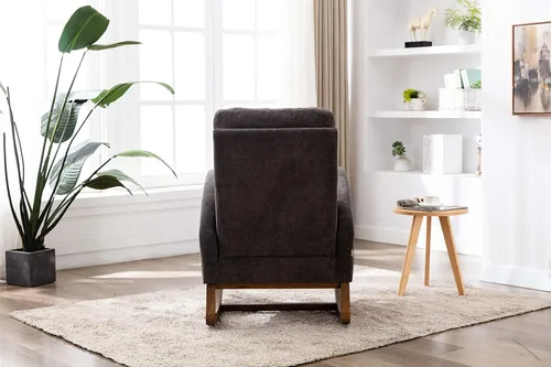 Vista 7 de Mecedora de madera tapizada de tela, silla mecedora de respaldo alto copetuda con asiento y respaldo acolchados, silla mecedora para cuarto de bebé