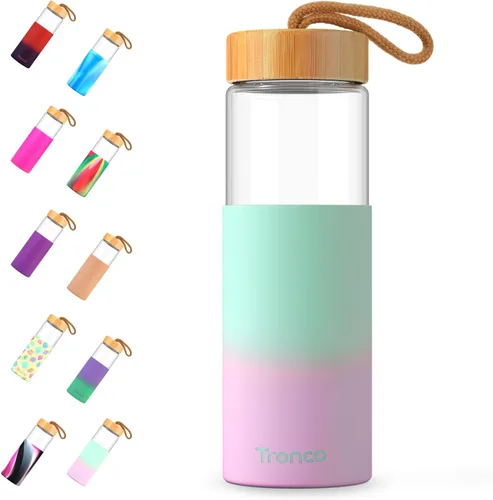 Vista 22 de Tronco Botellas de agua de vidrio de 20 onzas con tapas, botellas de vidrio de borosilicato reutilizables con tapa de bambú y funda de silicona